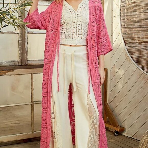 P1926 New POL Tied Crochet 3/4 Sleeve Longline Cardigan - Picture 4 of 4